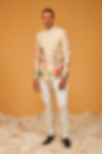 Beige Matka Silk Floral Digital Printed Bandhgala Jacket by Rohit Bal Men at Pernia's Pop Up Shop