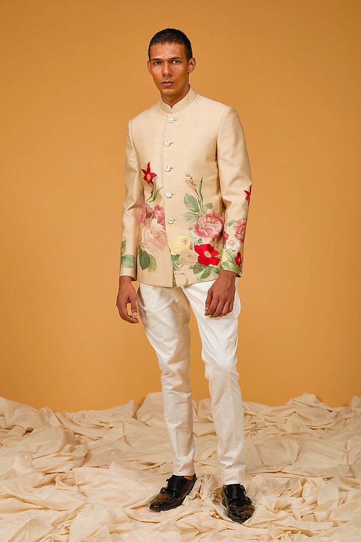 Beige Matka Silk Floral Digital Printed Bandhgala Jacket by Rohit Bal Men