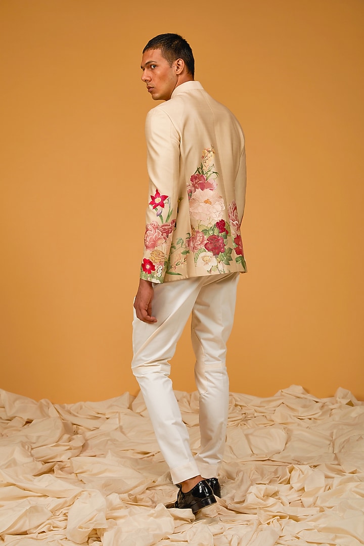 Beige Matka Silk Floral Digital Printed Groom Bandhgala Jacket by Rohit Bal Men at Pernia's Pop Up Shop