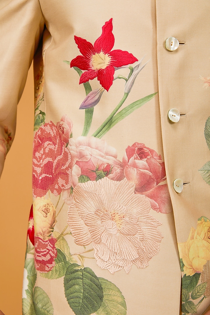 Beige Matka Silk Floral Digital Printed Groom Bandhgala Jacket by Rohit Bal Men at Pernia's Pop Up Shop