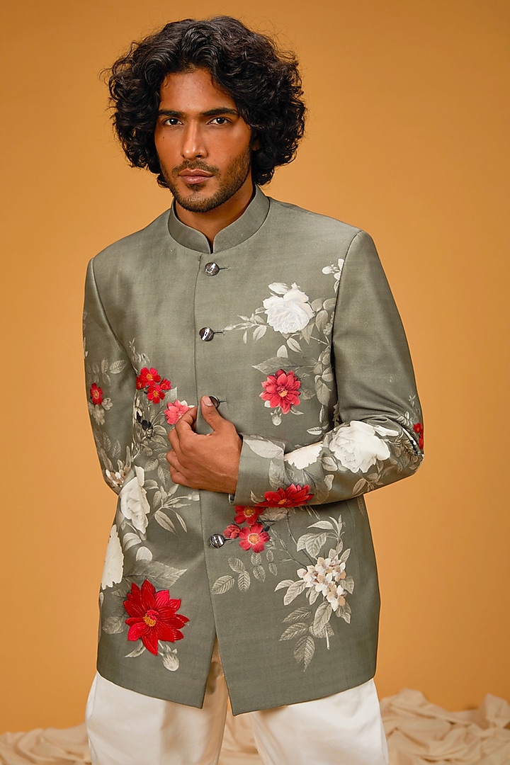 Pewter Green Matka Silk Floral Digital Printed Bandhgala Jacket by Rohit Bal Men