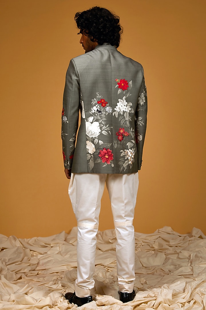 Pewter Green Matka Silk Floral Digital Printed Wedding Bandhgala Jacket by Rohit Bal Men at Pernia's Pop Up Shop