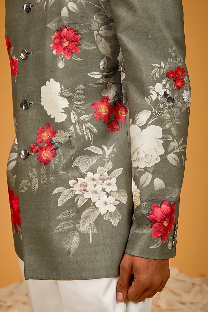 Pewter Green Matka Silk Floral Digital Printed Wedding Bandhgala Jacket by Rohit Bal Men at Pernia's Pop Up Shop