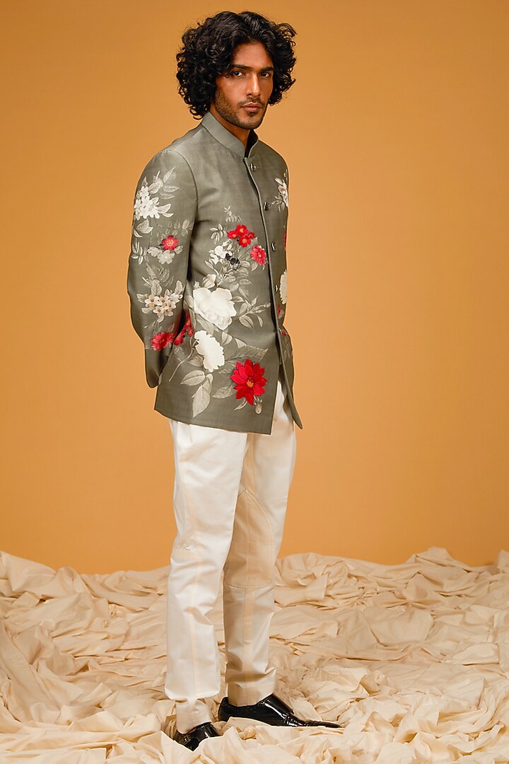 Pewter Green Matka Silk Floral Digital Printed Wedding Bandhgala Jacket by Rohit Bal Men at Pernia's Pop Up Shop