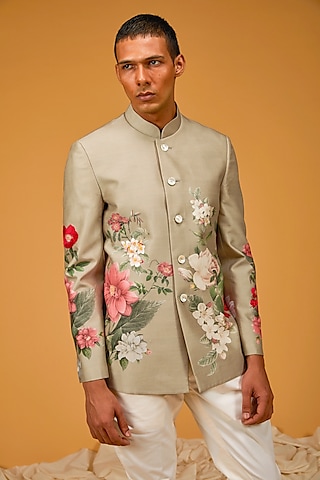 Dark Cream Matka Silk Floral Digital Printed Bandhgala Jacket by Rohit Bal Men