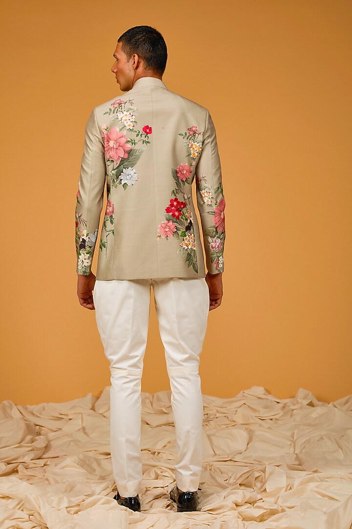 Dark Cream Matka Silk Floral Digital Printed Wedding Bandhgala Jacket by Rohit Bal Men at Pernia's Pop Up Shop