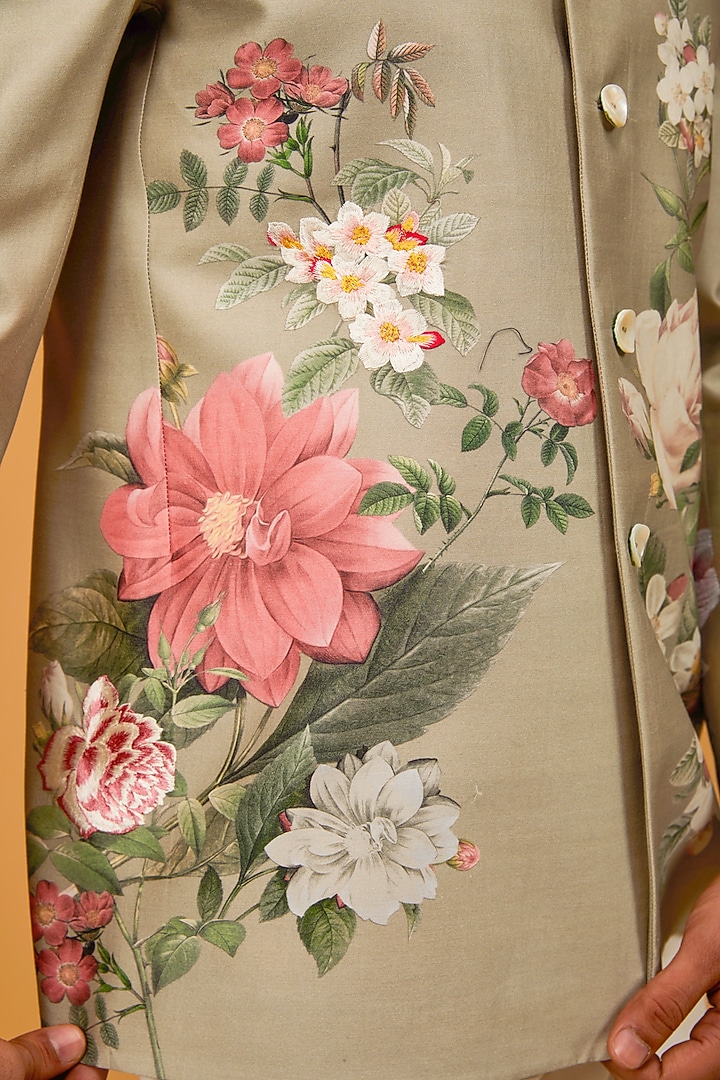 Dark Cream Matka Silk Floral Digital Printed Wedding Bandhgala Jacket by Rohit Bal Men at Pernia's Pop Up Shop