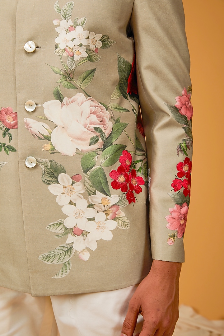 Dark Cream Matka Silk Floral Digital Printed Wedding Bandhgala Jacket by Rohit Bal Men at Pernia's Pop Up Shop