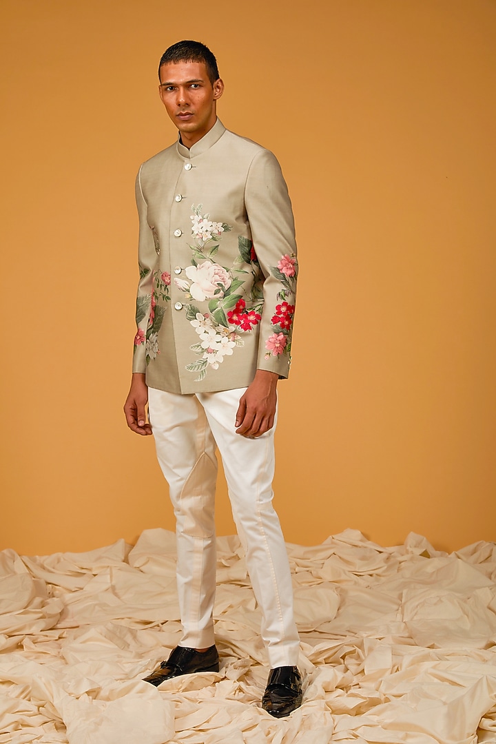 Dark Cream Matka Silk Floral Digital Printed Wedding Bandhgala Jacket by Rohit Bal Men at Pernia's Pop Up Shop