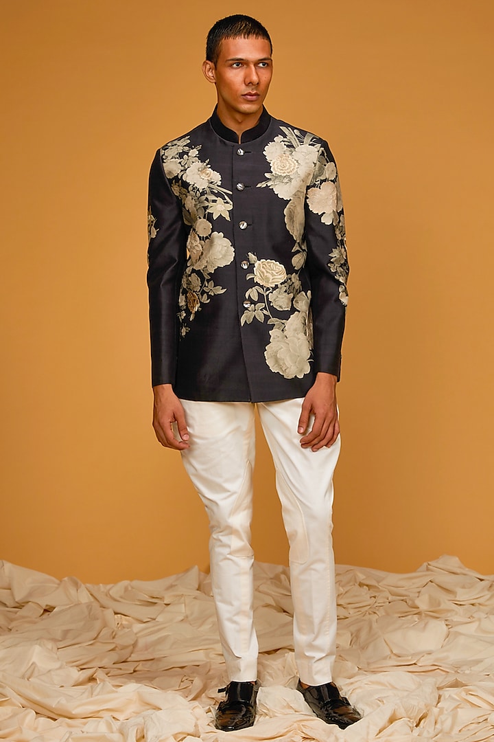 Black Matka Silk Floral Digital Printed Bandhgala Jacket by Rohit Bal Men