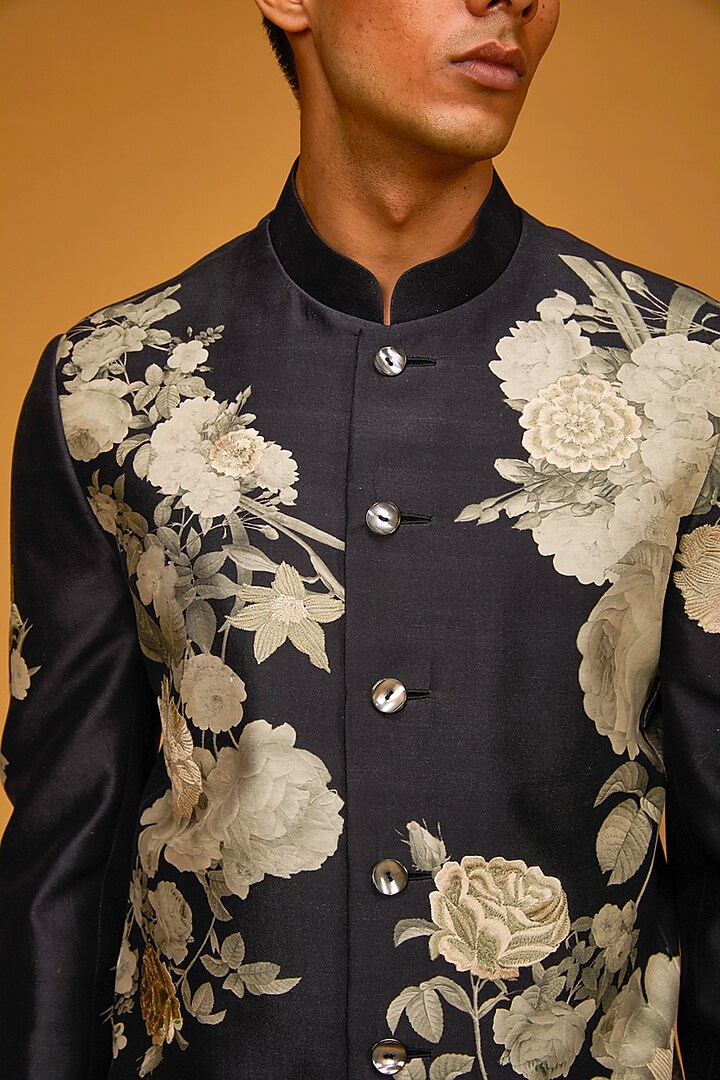 Black Matka Silk Floral Digital Printed Wedding Bandhgala Jacket by Rohit Bal Men at Pernia's Pop Up Shop