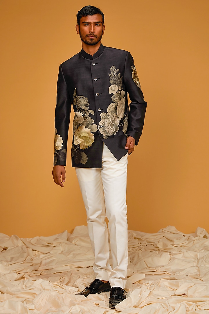 Black Matka Silk Floral Digital Printed Bandhgala Jacket by Rohit Bal Men