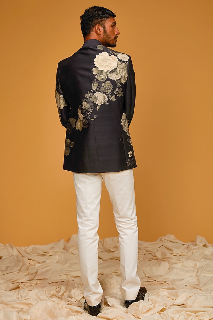 Black Matka Silk Floral Digital Printed Wedding Bandhgala Jacket by Rohit Bal Men at Pernia's Pop Up Shop