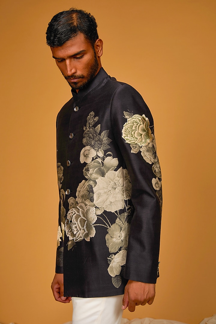 Black Matka Silk Floral Digital Printed Wedding Bandhgala Jacket by Rohit Bal Men at Pernia's Pop Up Shop