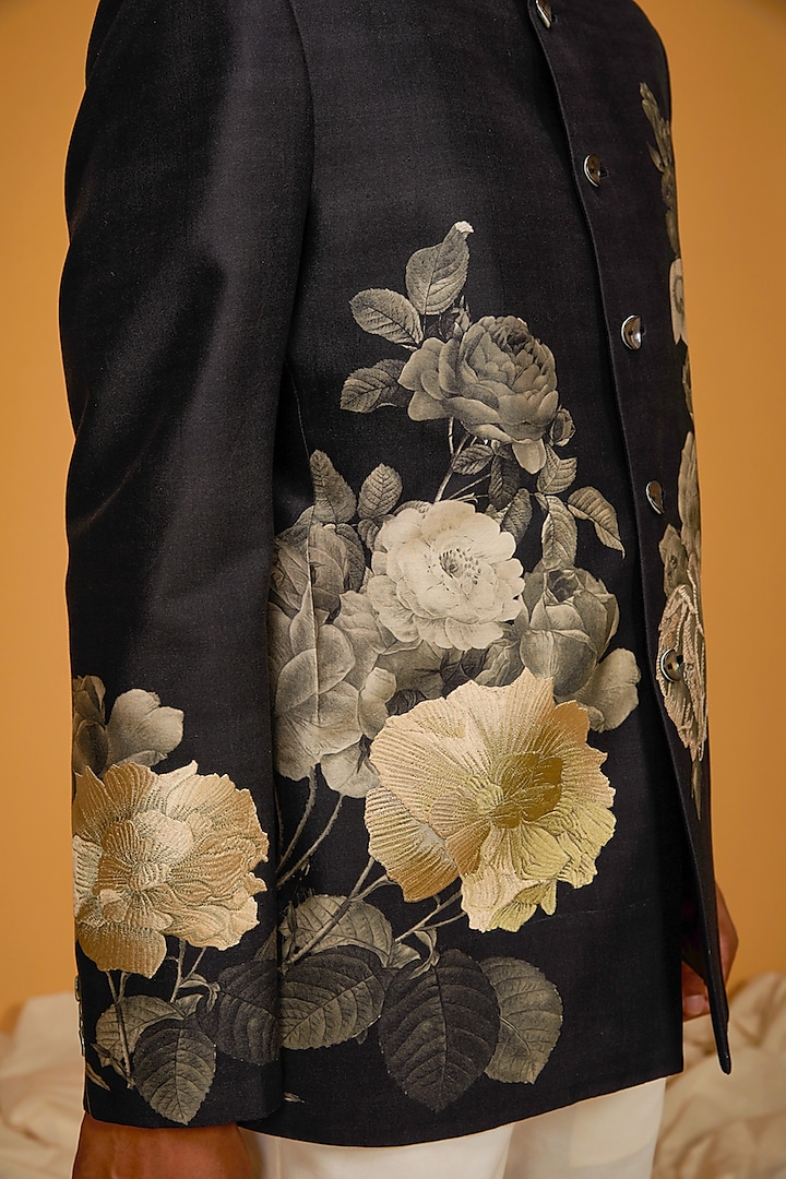 Black Matka Silk Floral Digital Printed Wedding Bandhgala Jacket by Rohit Bal Men at Pernia's Pop Up Shop