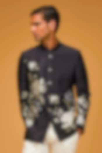 Black Matka Silk Floral Digital Printed Bandhgala Jacket by Rohit Bal Men