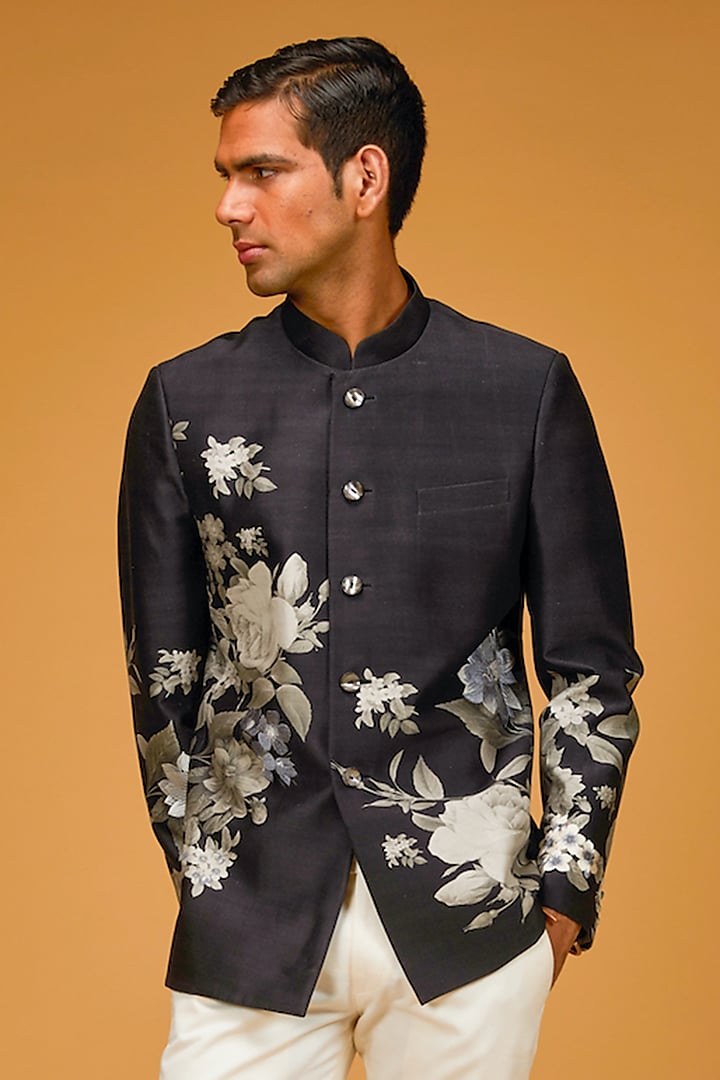 Black Matka Silk Floral Digital Printed Bandhgala Jacket by Rohit Bal Men