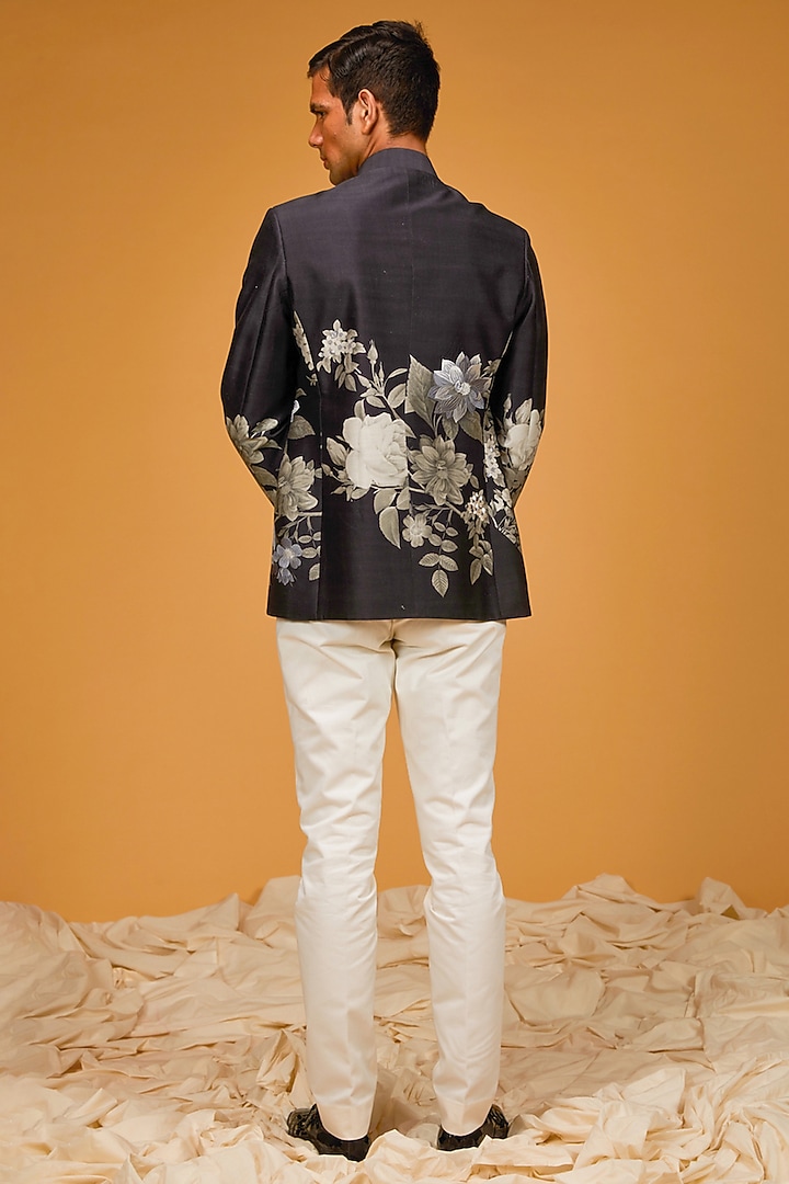Black Matka Silk Floral Digital Printed Wedding Bandhgala Jacket by Rohit Bal Men at Pernia's Pop Up Shop