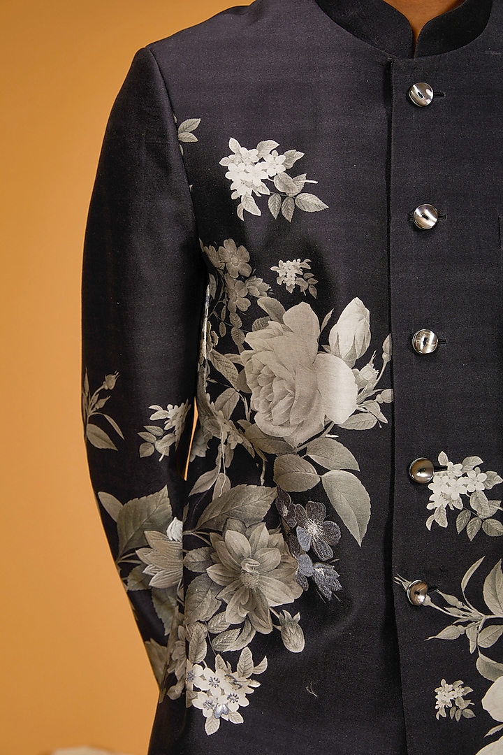 Black Matka Silk Floral Digital Printed Wedding Bandhgala Jacket by Rohit Bal Men at Pernia's Pop Up Shop