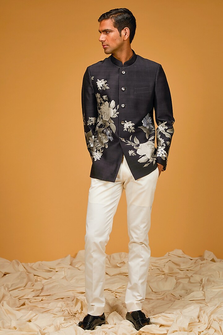 Black Matka Silk Floral Digital Printed Wedding Bandhgala Jacket by Rohit Bal Men at Pernia's Pop Up Shop