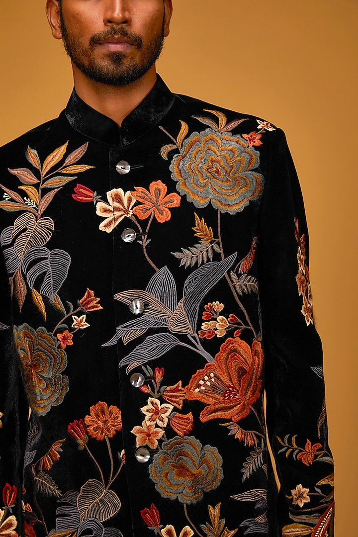 Black Silk Velvet Resham & Floral Hand Embroidered Groom Bandhgala Jacket by Rohit Bal Men at Pernia's Pop Up Shop