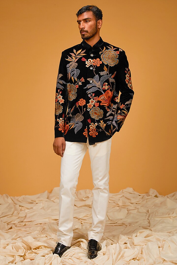 Black Silk Velvet Resham & Floral Hand Embroidered Groom Bandhgala Jacket by Rohit Bal Men at Pernia's Pop Up Shop