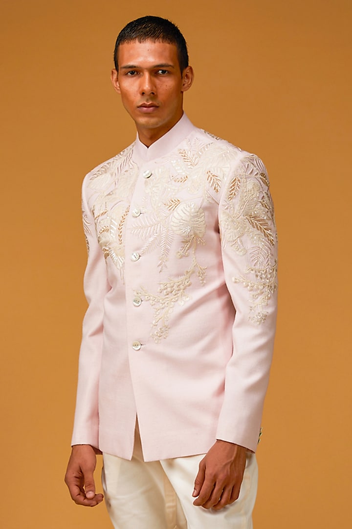 Powder Pink Matka Silk Resham Hand Embroidered Bandhgala Jacket by Rohit Bal Men at Pernia's Pop Up Shop