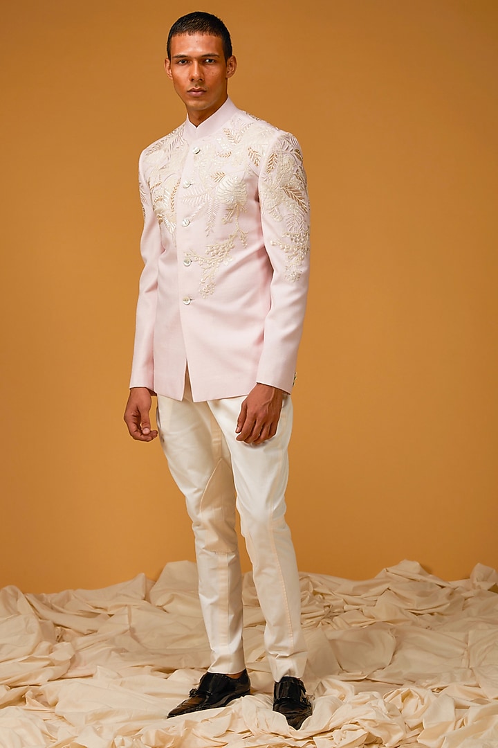 Powder Pink Matka Silk Resham Hand Embroidered Groom Bandhgala Jacket by Rohit Bal Men at Pernia's Pop Up Shop