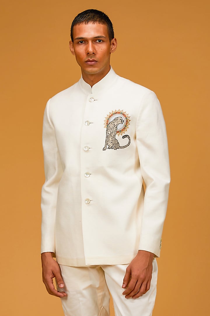 Ivory Matka Silk Resham Embroidered Bandhgala Jacket by Rohit Bal Men