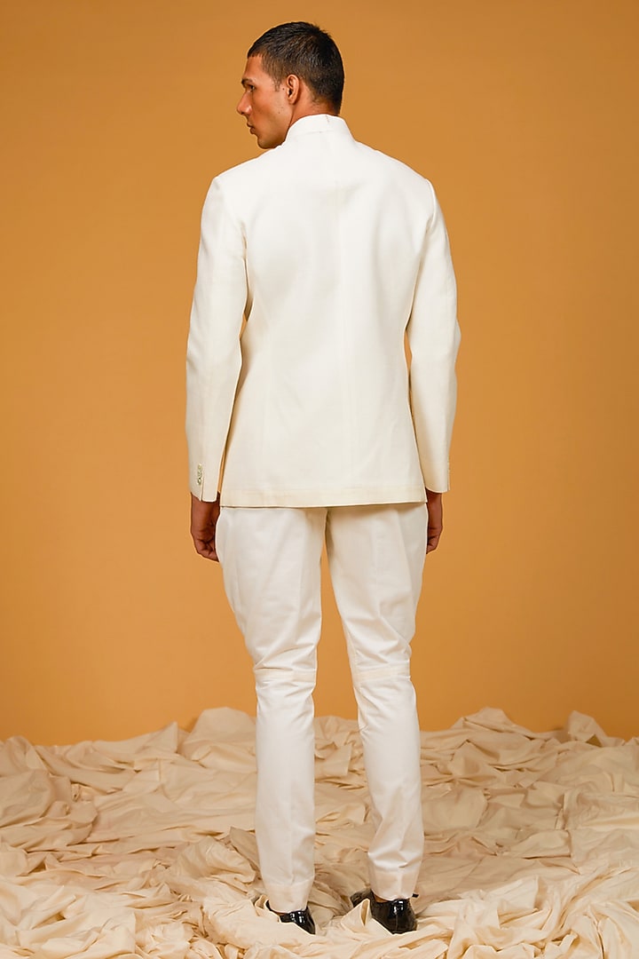 Ivory Matka Silk Resham Embroidered Wedding Bandhgala Jacket by Rohit Bal Men at Pernia's Pop Up Shop