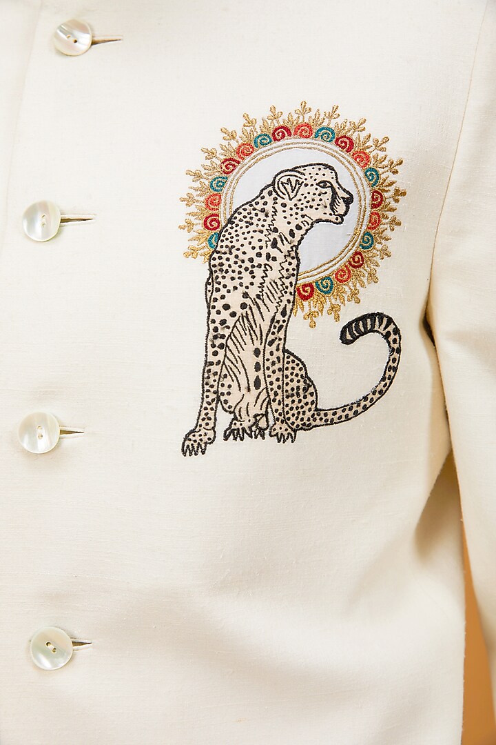 Ivory Matka Silk Resham Embroidered Wedding Bandhgala Jacket by Rohit Bal Men at Pernia's Pop Up Shop