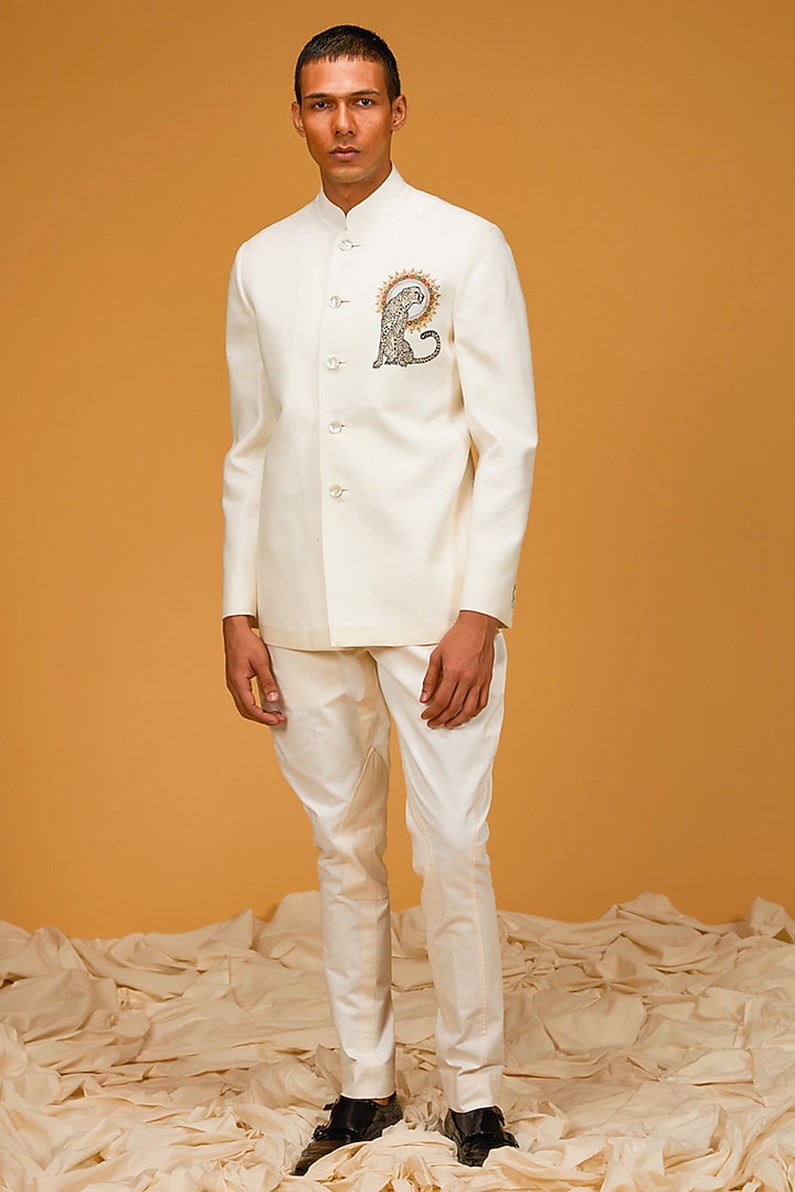 Ivory Matka Silk Resham Embroidered Wedding Bandhgala Jacket by Rohit Bal Men at Pernia's Pop Up Shop