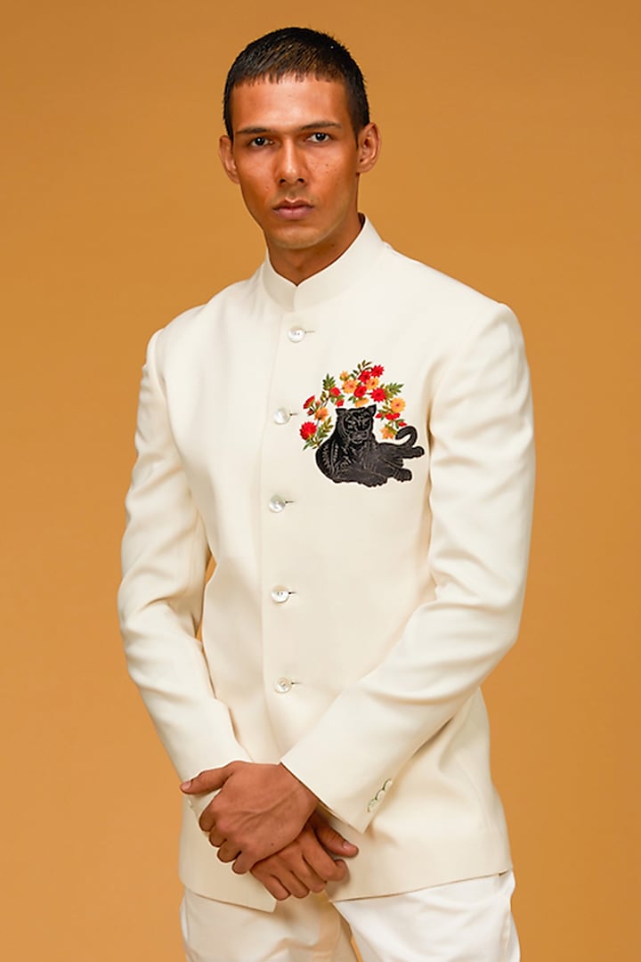 Ivory Micro Resham Embroidered Bandhgala Jacket by Rohit Bal Men