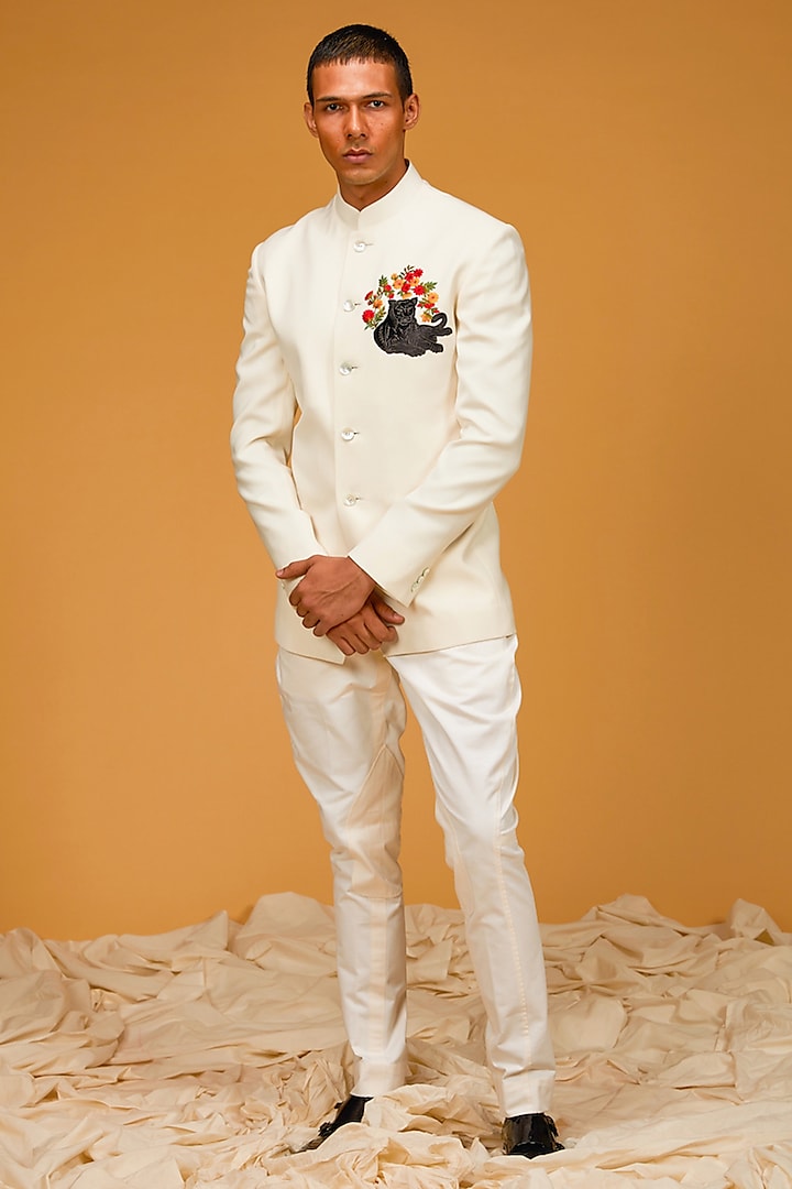 Ivory Micro Resham Embroidered Groom Bandhgala Jacket by Rohit Bal Men at Pernia's Pop Up Shop
