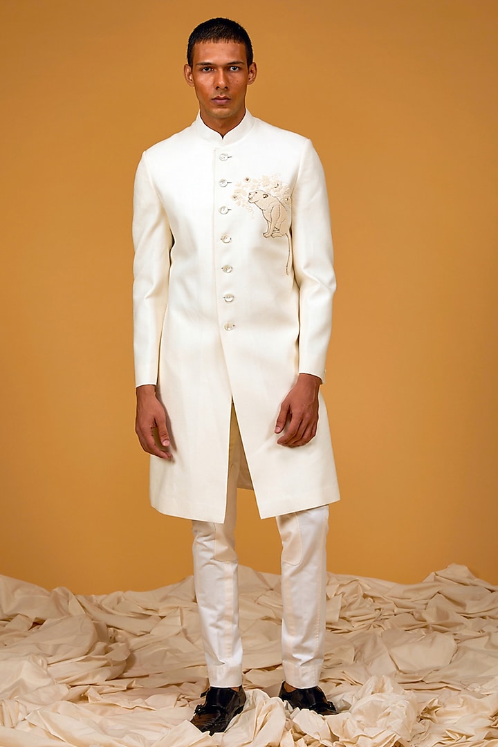 Ivory Matka Silk Resham Thread Hand Embroidered Sherwani by Rohit Bal Men