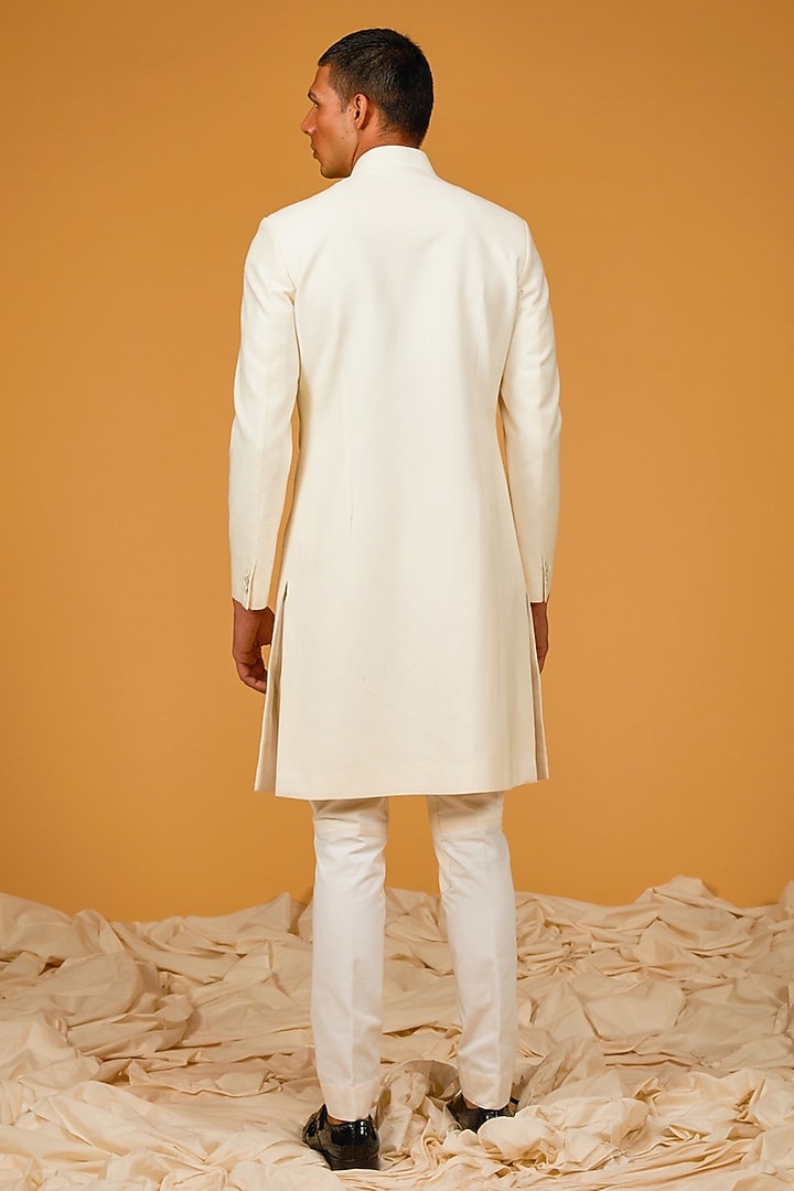 Ivory Matka Silk Resham Thread Hand Embroidered Groom Sherwani by Rohit Bal Men at Pernia's Pop Up Shop