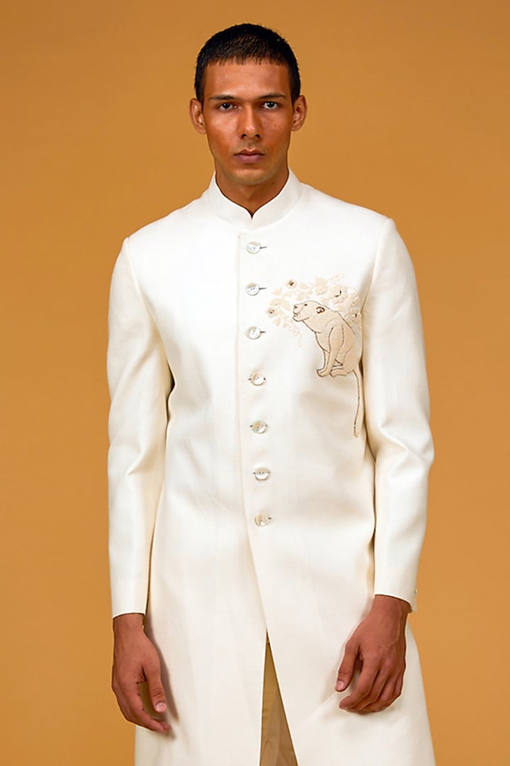 Ivory Matka Silk Resham Thread Hand Embroidered Groom Sherwani by Rohit Bal Men at Pernia's Pop Up Shop