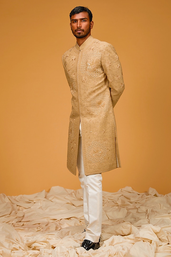 Gold Matka Silk Floral Embroidered Sherwani by Rohit Bal Men