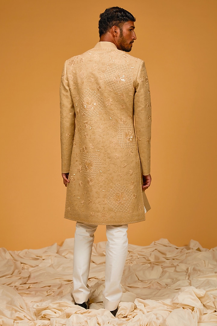 Gold Matka Silk Floral Embroidered Groom Sherwani by Rohit Bal Men at Pernia's Pop Up Shop