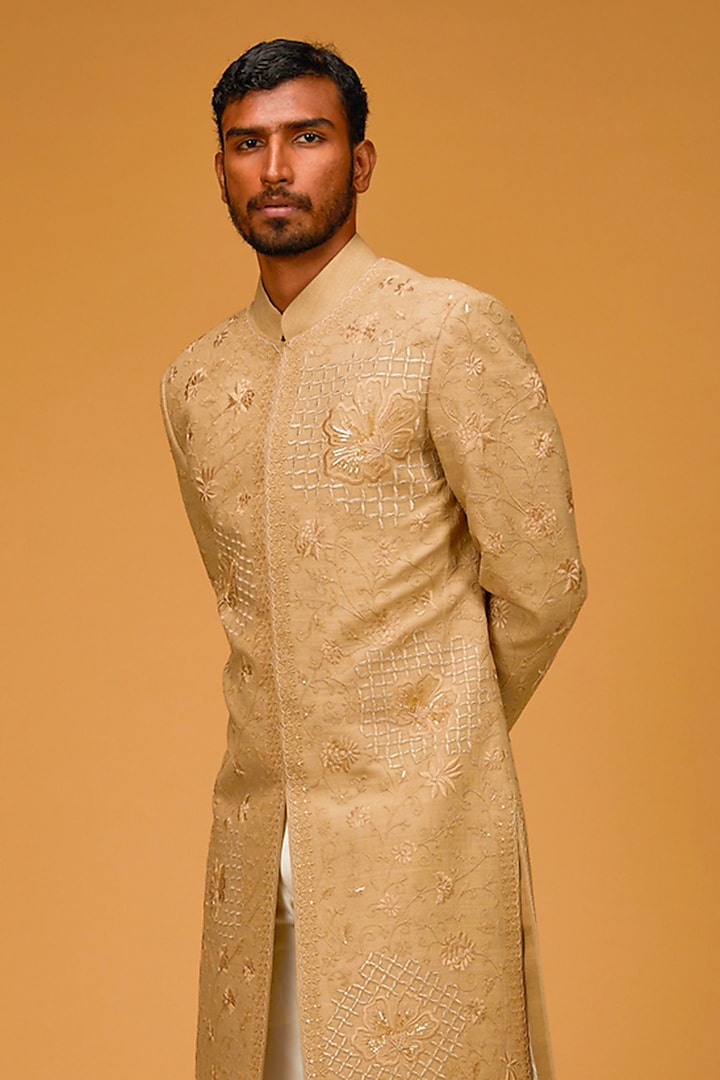 Gold Matka Silk Floral Embroidered Groom Sherwani by Rohit Bal Men at Pernia's Pop Up Shop