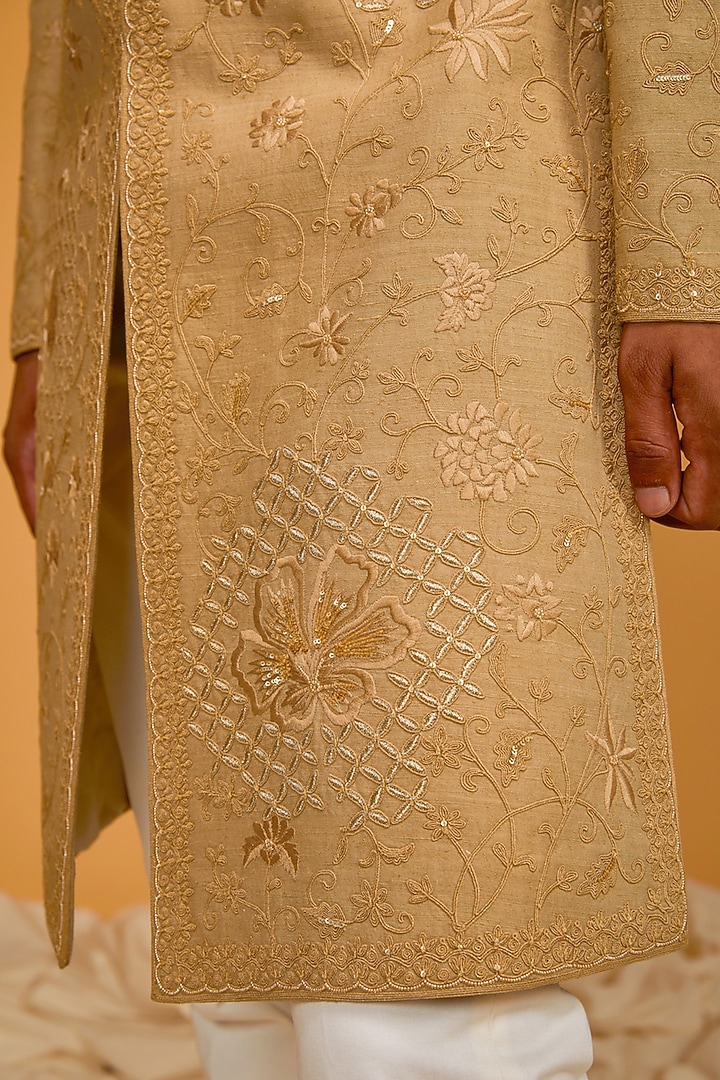 Gold Matka Silk Floral Embroidered Groom Sherwani by Rohit Bal Men at Pernia's Pop Up Shop
