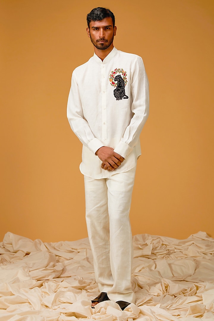 Ivory Linen Embroidered Shirt by Rohit Bal Men