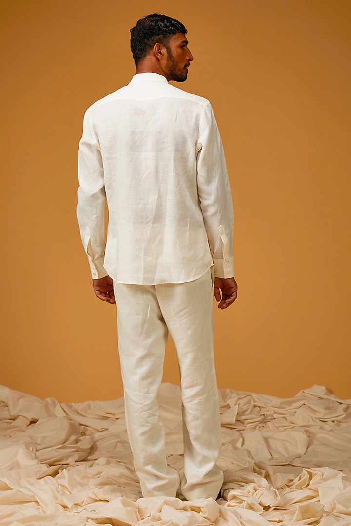Ivory Linen Embroidered Party Wear Shirt by Rohit Bal Men at Pernia's Pop Up Shop