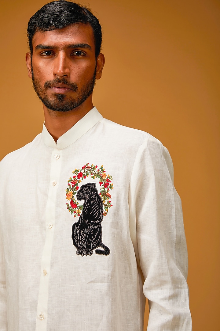 Ivory Linen Embroidered Party Wear Shirt by Rohit Bal Men at Pernia's Pop Up Shop
