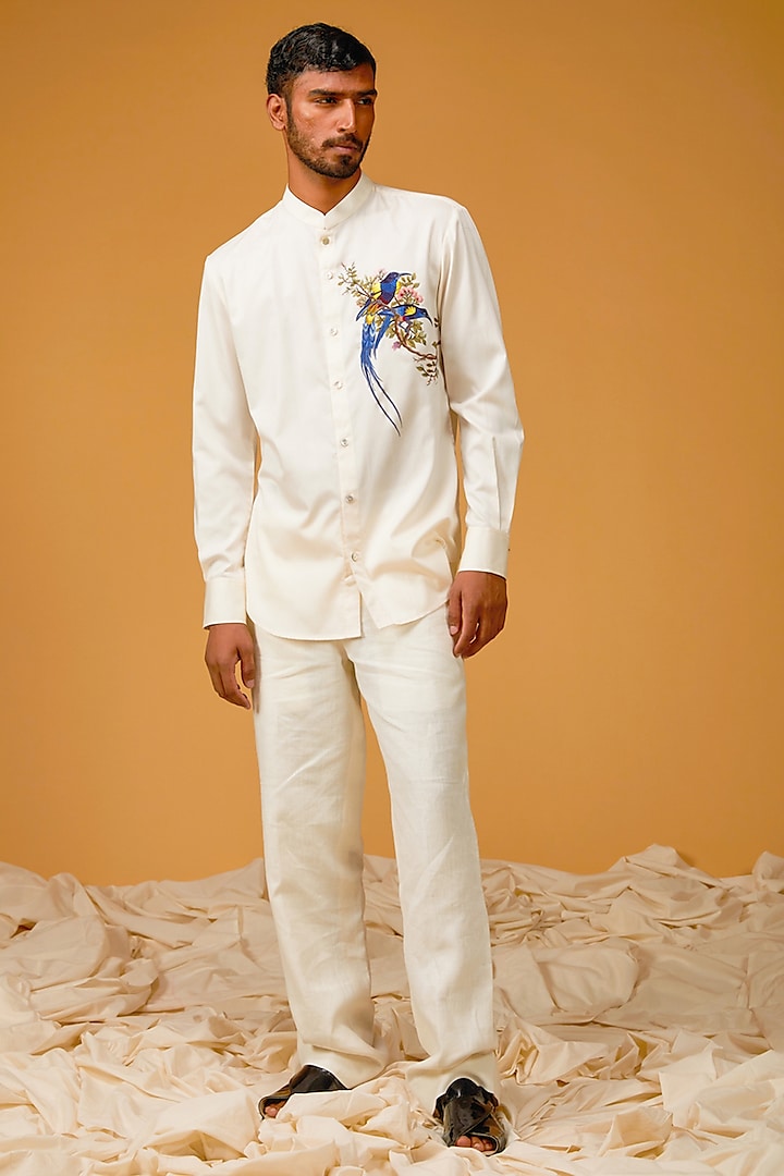 Ivory Poplin Satin Embroidered Shirt by Rohit Bal Men at Pernia's Pop Up Shop