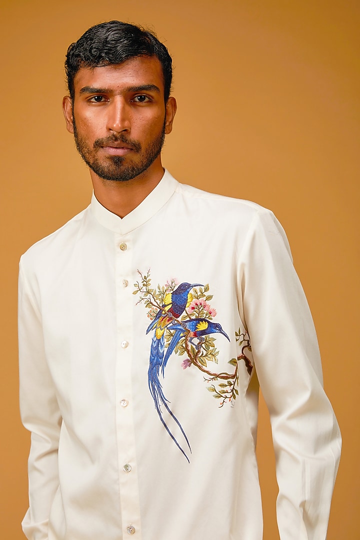 Ivory Poplin Satin Embroidered Party Wear Shirt by Rohit Bal Men at Pernia's Pop Up Shop