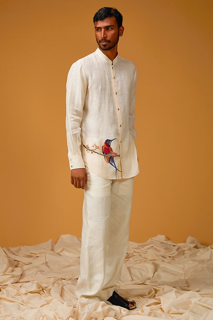 Light Beige Linen Embroidered Shirt by Rohit Bal Men