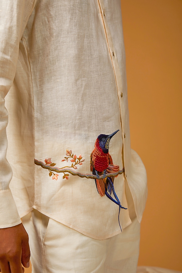 Light Beige Linen Embroidered Party Wear Shirt by Rohit Bal Men at Pernia's Pop Up Shop