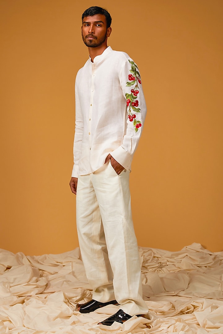 Ivory Linen Embroidered Shirt by Rohit Bal Men