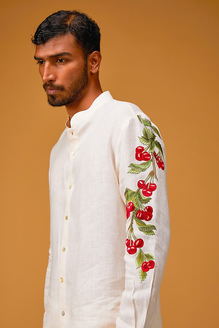 Ivory Linen Embroidered Wedding Shirt by Rohit Bal Men at Pernia's Pop Up Shop
